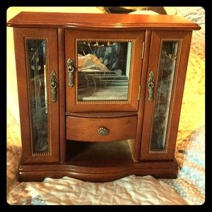 Vintage Jewelry Box - Dark Wood with Etched Glass